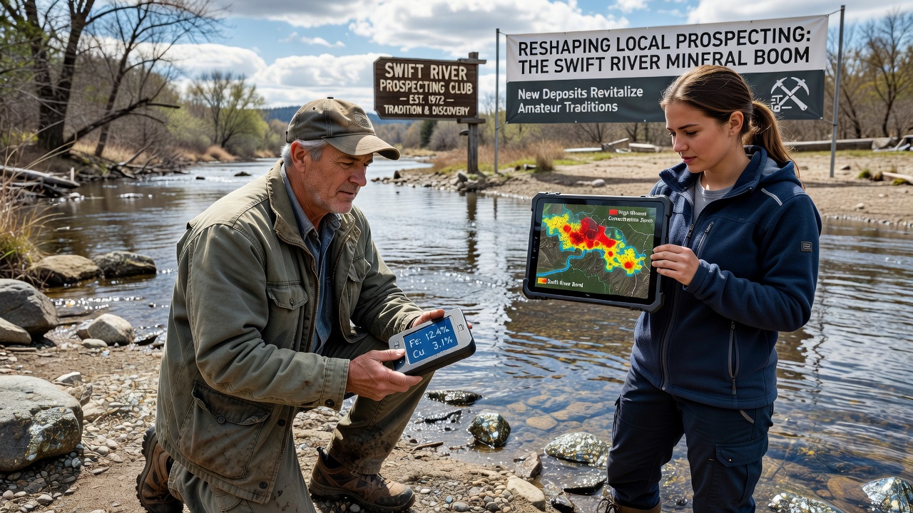 Group of amateur geologists using portable tools to scan river sediment for mineral content